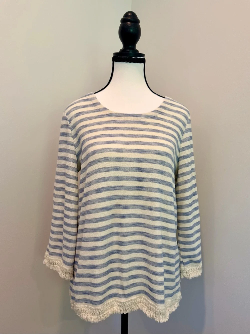 J.Jill 100% Cotton Coastal Blue White Striped Fringe Hem Tunic Top Medium